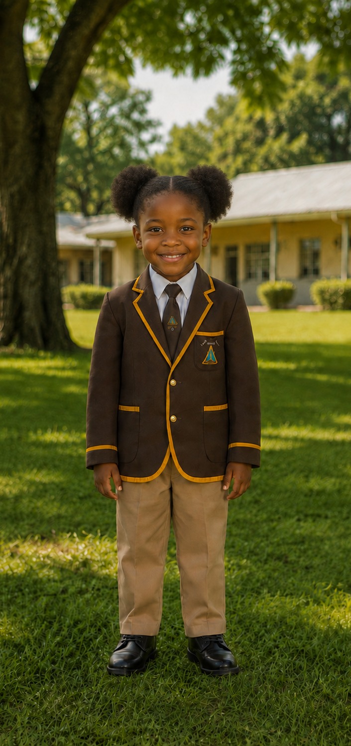 ECD girl in the Murray MacDougall School blazer over a gingham pinafore