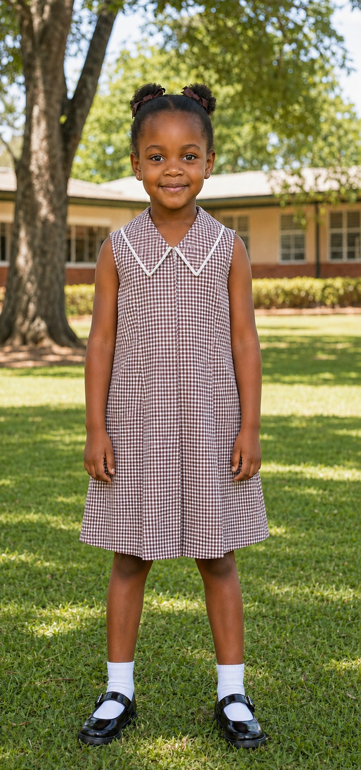 Girl in the Murray MacDougall School gingham summer dress