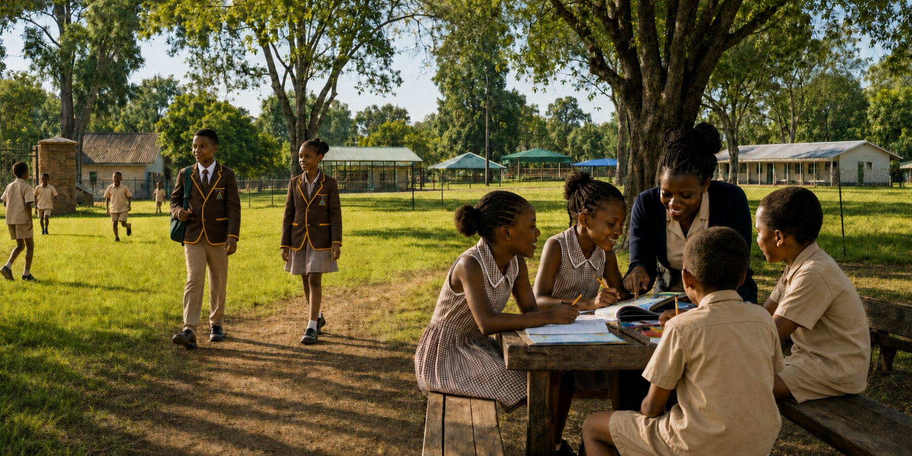 Murray MacDougall School pupils and a teacher engaged in campus life, with students walking and playing in the background